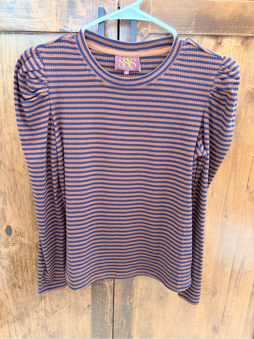 Striped Puff-Sleeve Long Sleeve Top - Navy & Brown